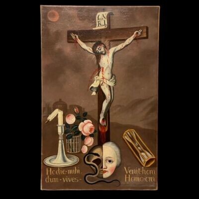 Oil painting on canvas MEMENTO MORI Christ Crucified, Austria 1800