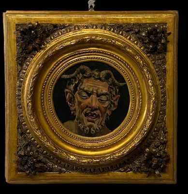 Copper painting of Faun with gilded wood and forged iron frame, 19th century Italy