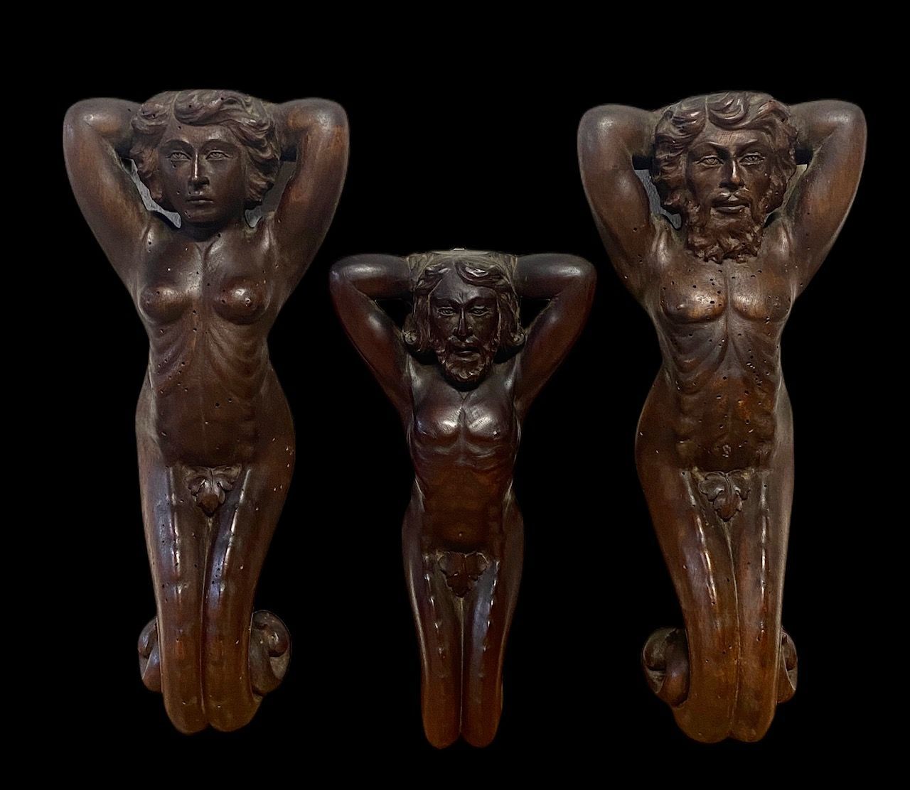 3 wooden sculptures of tritons and mermaid, Italy 18th-19th century