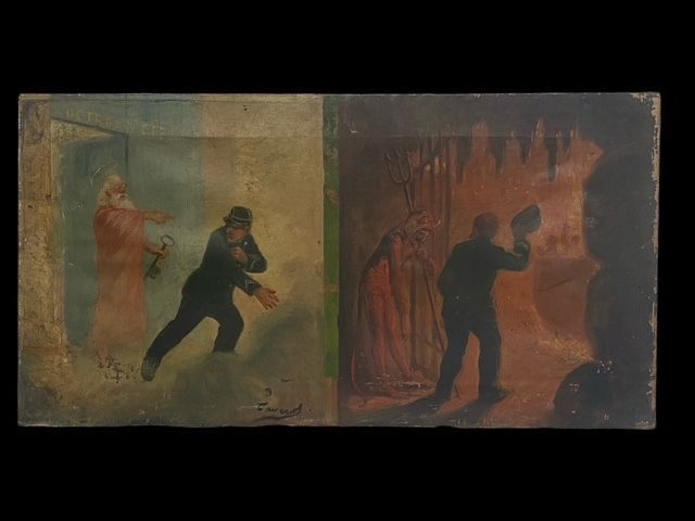 Bizzarro dipinto olio su tela anima soldato tra Paradiso ed Inferno, Francia fine XIX secolo