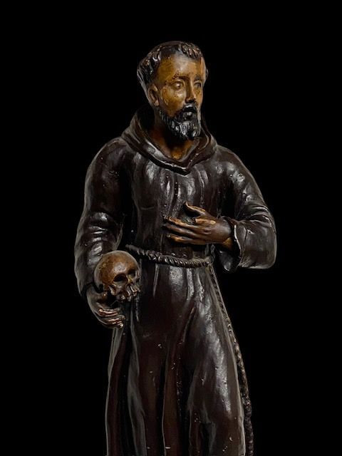 Wooden sculpture of Saint Francis of Assisi with skull, Italy 17th/18th century