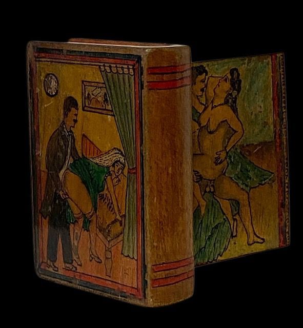 Wooden cigarette or tobacco box, erotic theme, France, early 1900s