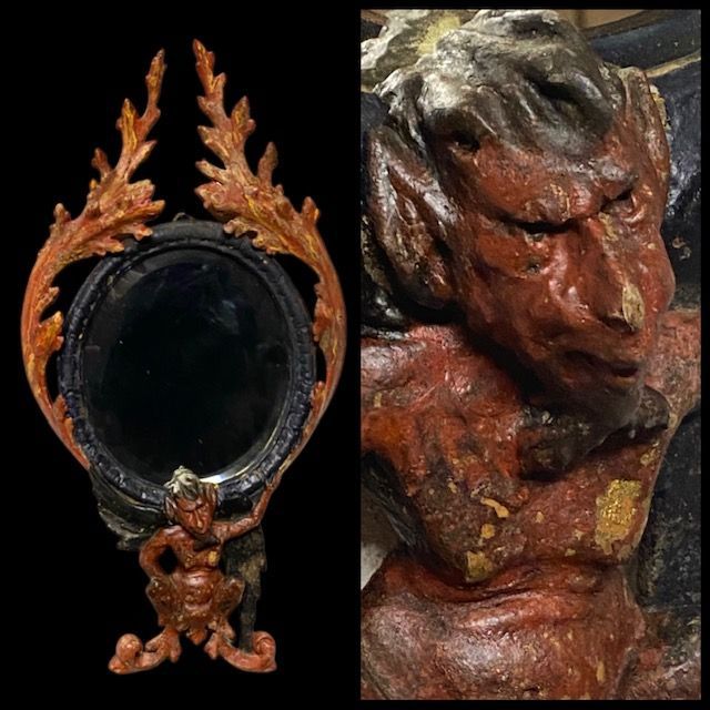 Rare brothel mirror with devil and flames, France late 19th century
