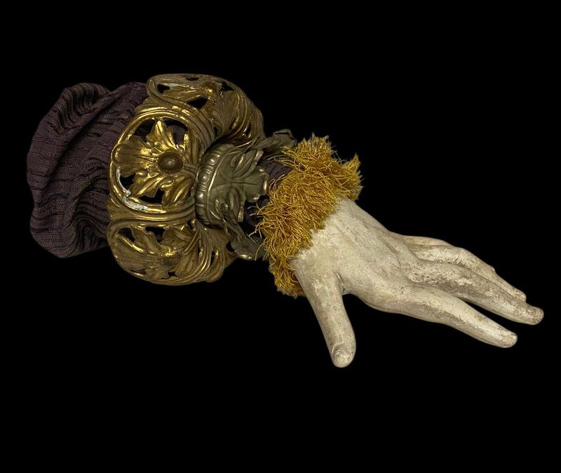 Plaster sculpture LEFT hand and accessories gilded bronze and fabric, Italy 19th century