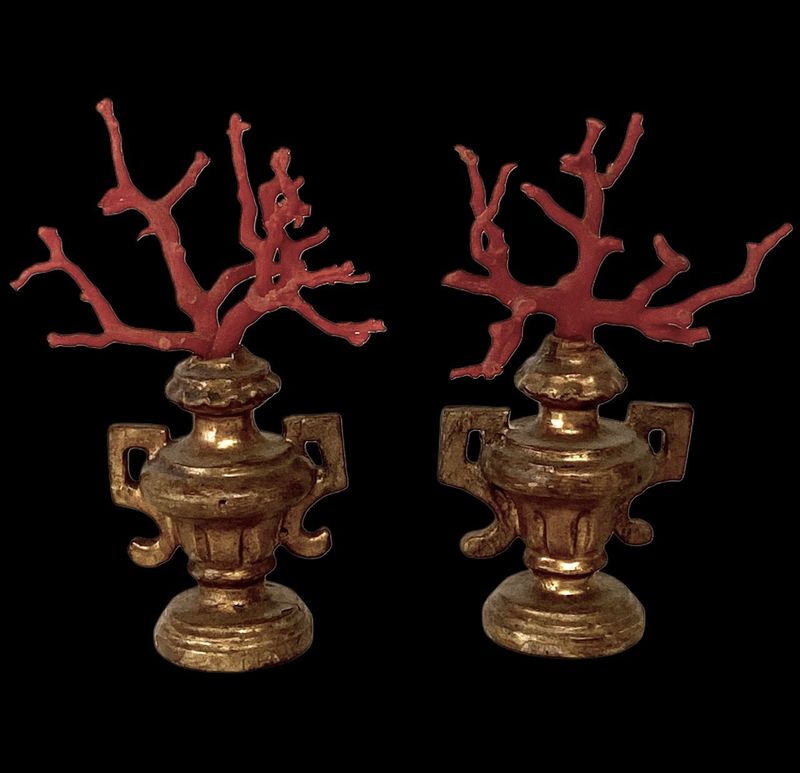 Pair of coral branches on miniature palm holder, Italy 19th century