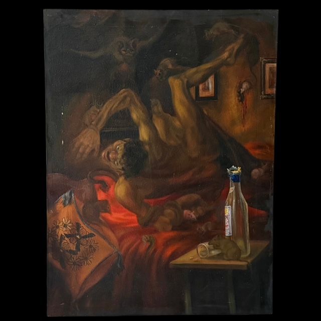 Oil painting on canvas monstrous scene with devil, mice, snakes monsters, Germany 1928