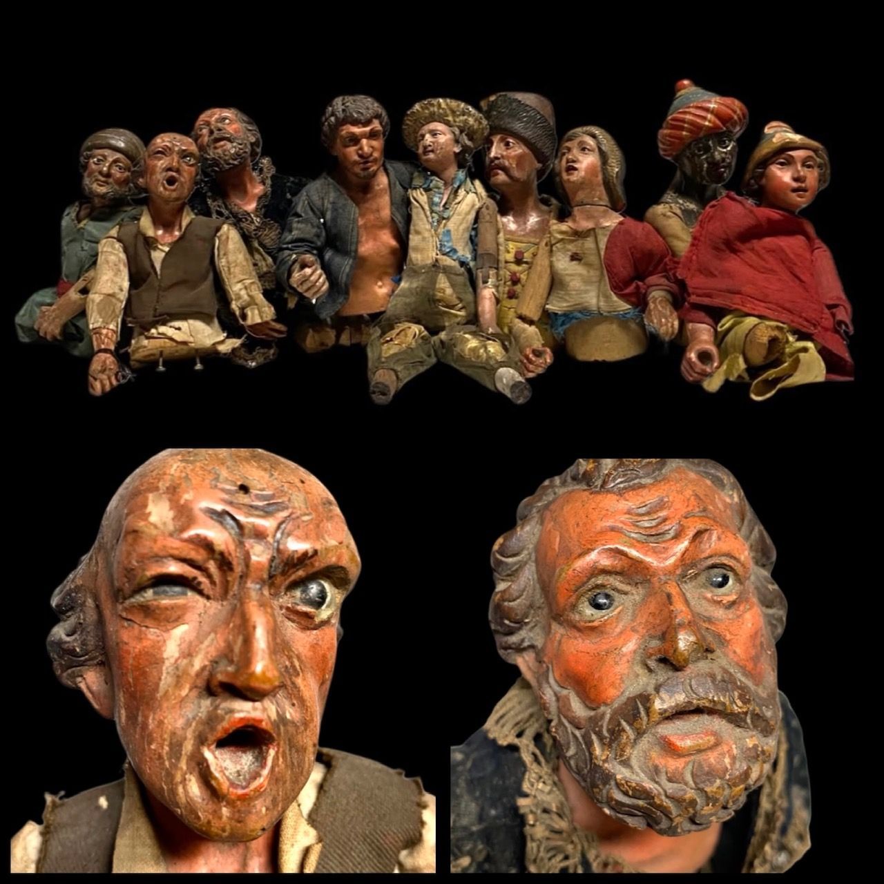 Collection 9 parts mannequin nativity scene polychrome wood glass eyes, Naples 18th century