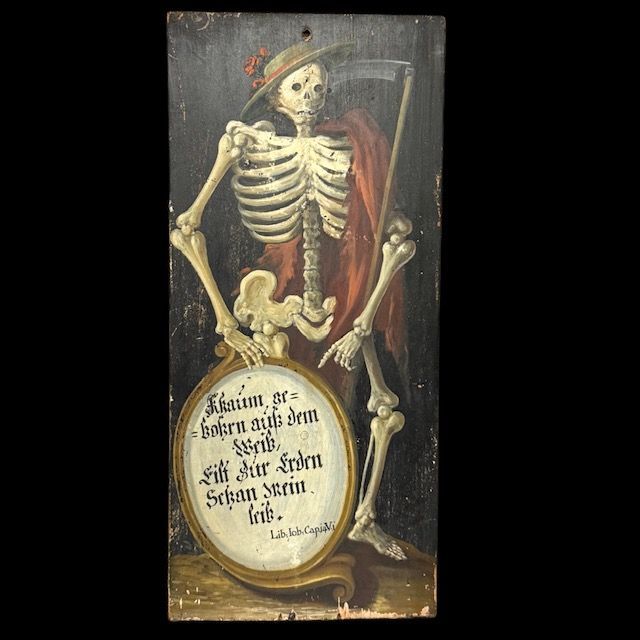 Exceptional original Memento Mori painting with biblical phrase, Germany 17th century