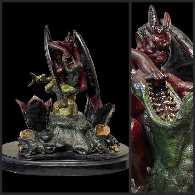 Metal alloy sculpture painted devil and sea monster, France late 19th century early 20th century