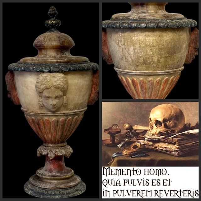 Extremely rare alabaster cinerary urn with Latin phrase, Italy 19th century