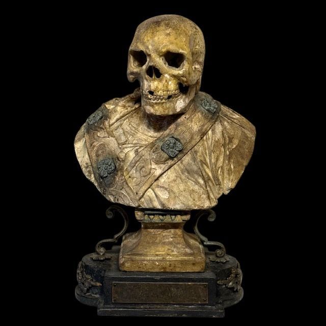 Warrior bust sculpture in plaster with bronze inserts and skull USQUE AD MORTEM