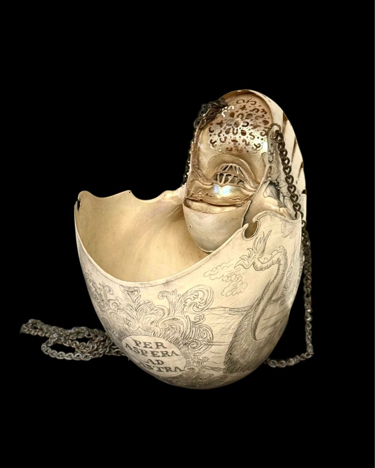 Eccezionale grande esemplare conchiglia Nautilus inciso e traforato, Germania XIX secolo