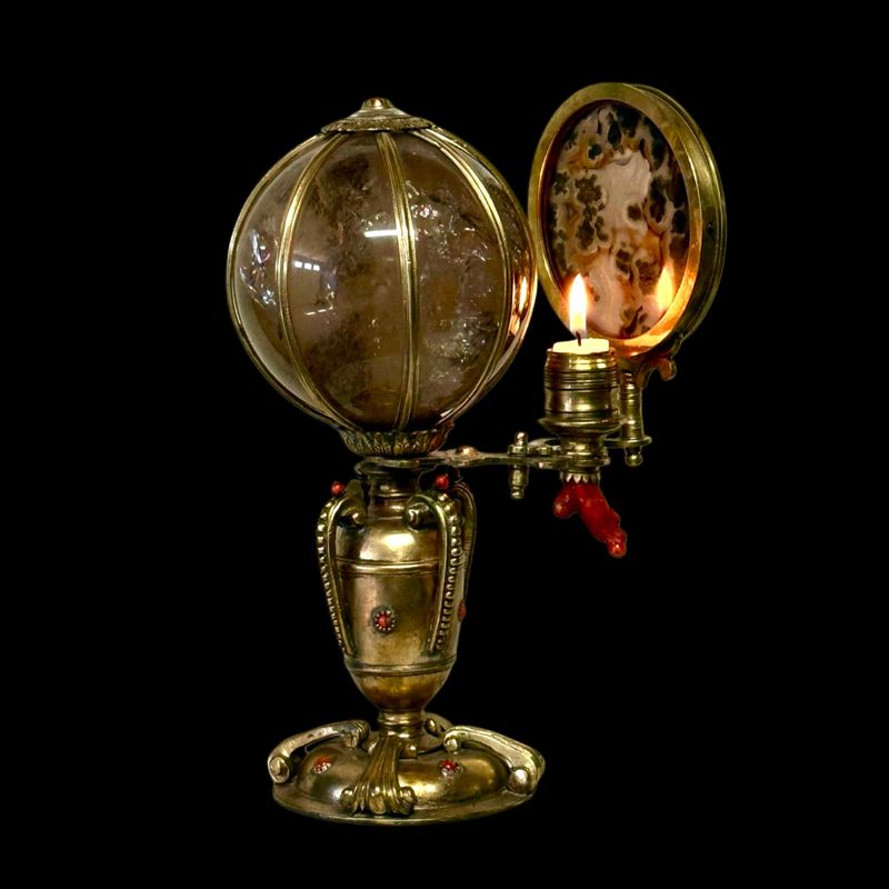Wonderful masterpiece of a gilded bronze, coral, crystal and agate candlestick, Italy 18th century