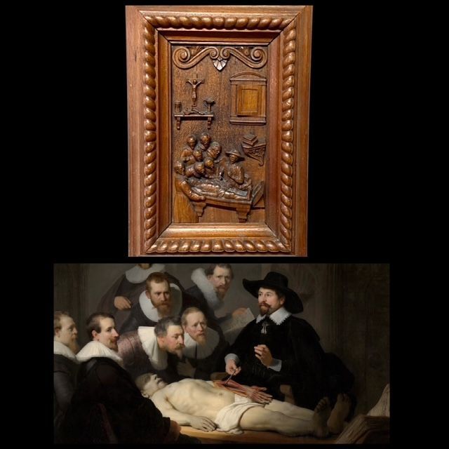 Exceptional wood sculpture anatomy lesson by Dr. Tulp