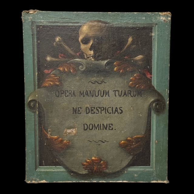 Raro dipinto Memento Mori OPERA MANUUM TUARUM NE DESPICIAS DOMINE, Italia XVIII secolo
