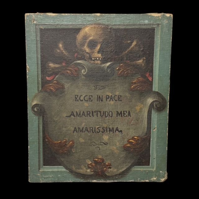 Rare painting Memento Mori ECCE IN PACE AMARITUDO MEA AMARISSIMA, Italy 18th century