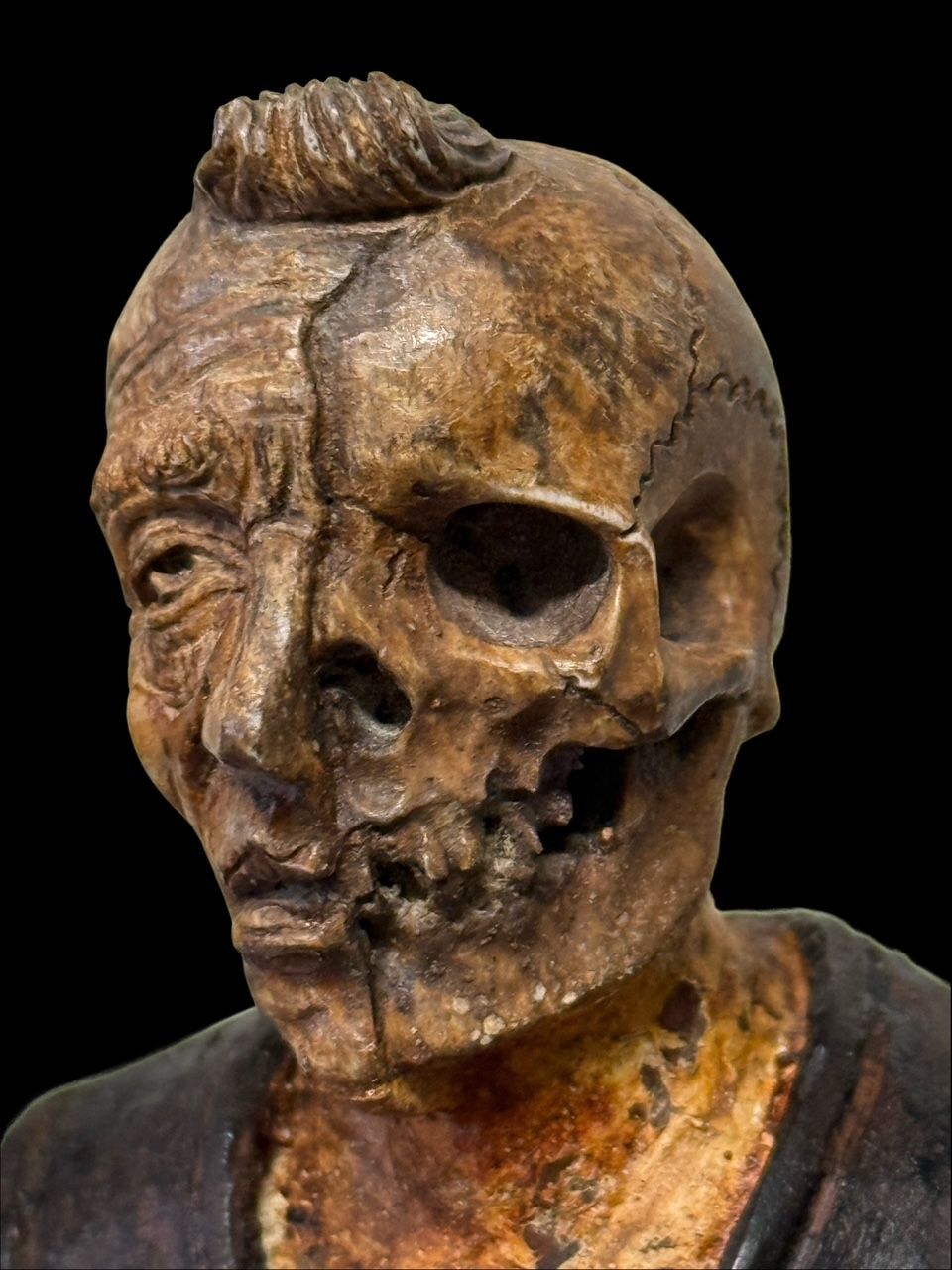 Wooden sculpture of an ecclesiastical figure, Memento Mori theme, Germany, probably 19th century