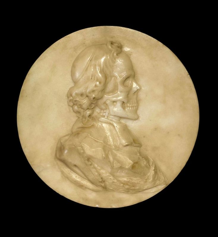 Carrara marble plate depicting an ecclesiastic with a skeletal face, Italy, probably 18th century