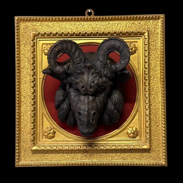 Terracotta sculpture of a ram on a gilded wooden frame, Italy, 19th century
