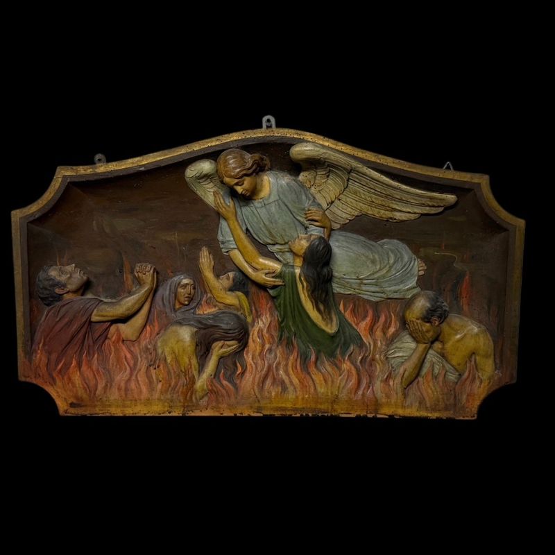 Magnificent wooden sculpture depicting souls in purgatory being consoled by an angel, 19th century Italy