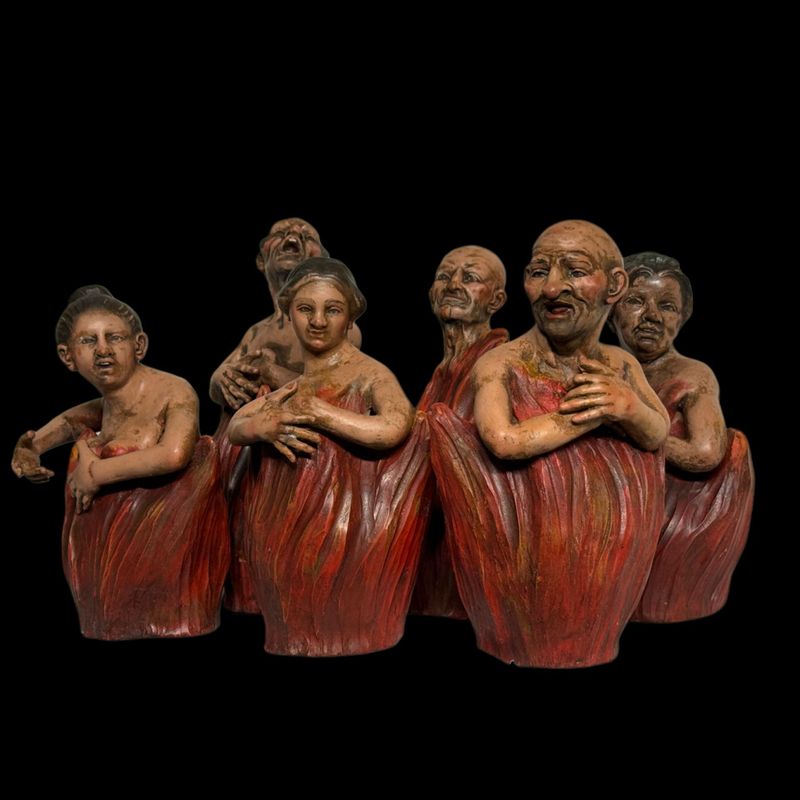 Magnificent collection of 6 polychrome terracotta figures representing souls in purgatory, 19th century Italy