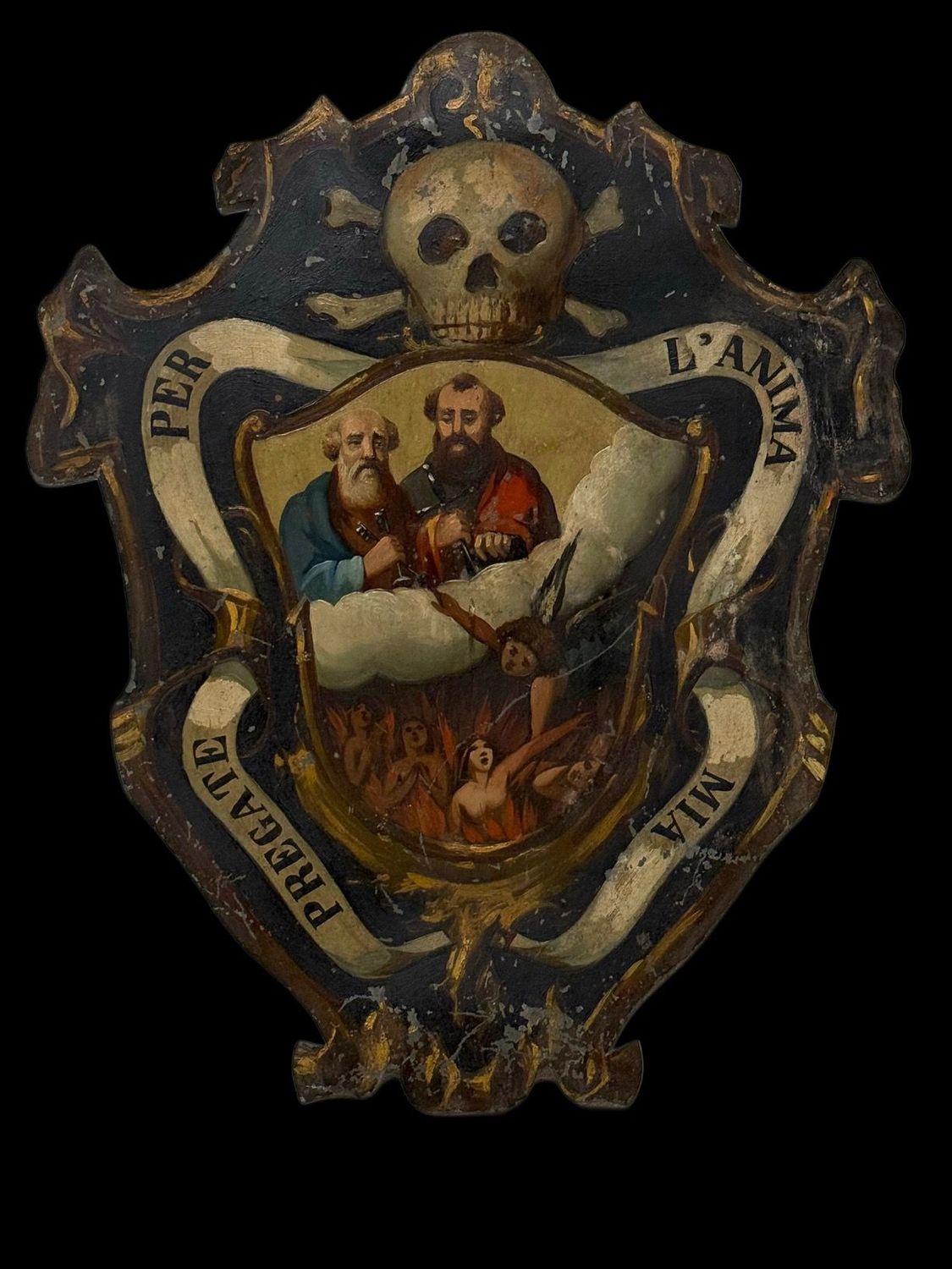 Painting on tin with the subject of Memento Mori and souls in purgatory, Italy 19th century