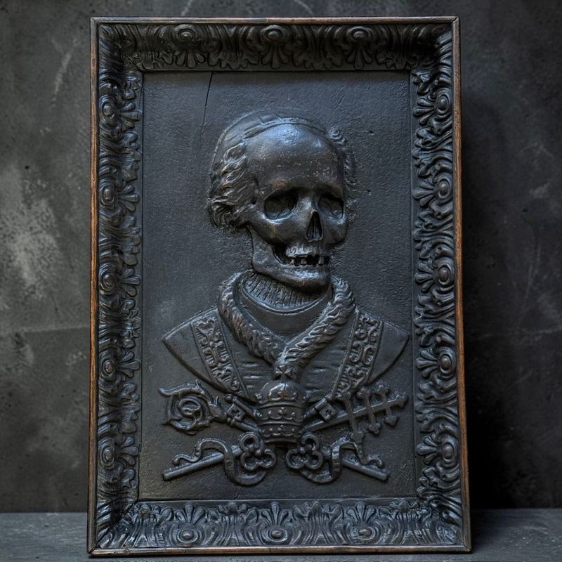 Vanitas ecclesiastica con simboli papali. Pannello in legno di noce scolpito a rilievo. Europa centrale, seconda metà del XIX secolo Vanitas ecclesiastica con simboli papali. Pannello in legno di noce scolpito a rilievo. Europa centrale, seconda metà del XIX secolo