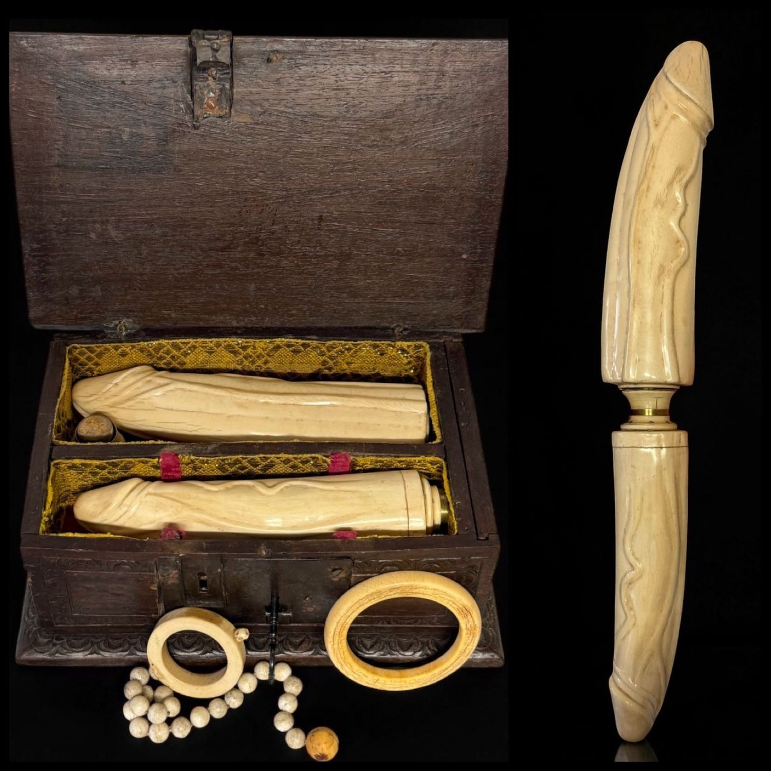 Erotic casket in carved wood with ivory accessories – Europe, 19th century