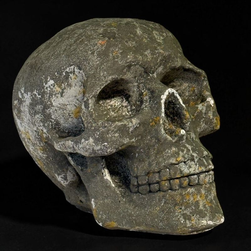Teschio a grandezza reale in graniglia – scultura decorativa memento mori, primi ’900 (probabile produzione italiana)