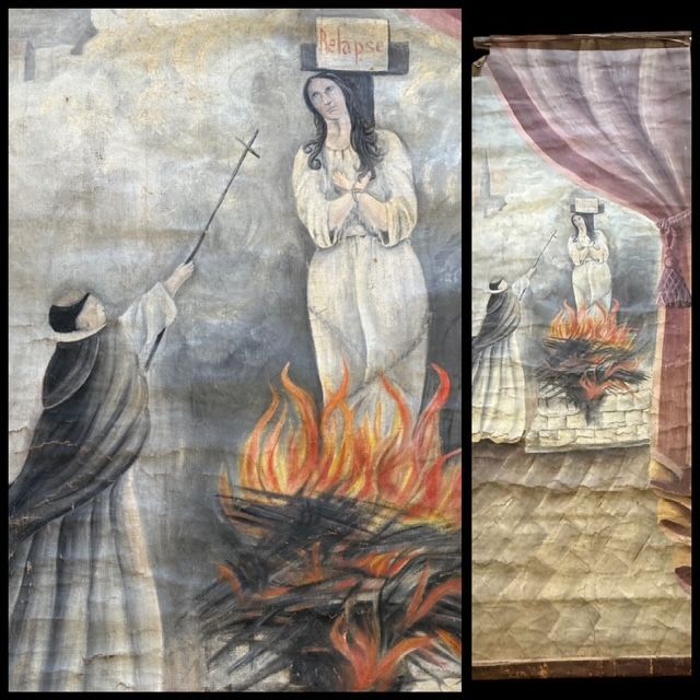 Theatrical backdrop “Relapse” – moral scene with bonfire, France, 19th century - inquisition