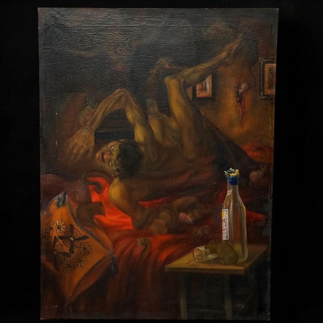 Olio su tela, visione demoniaca con figure animali, Germania 1928