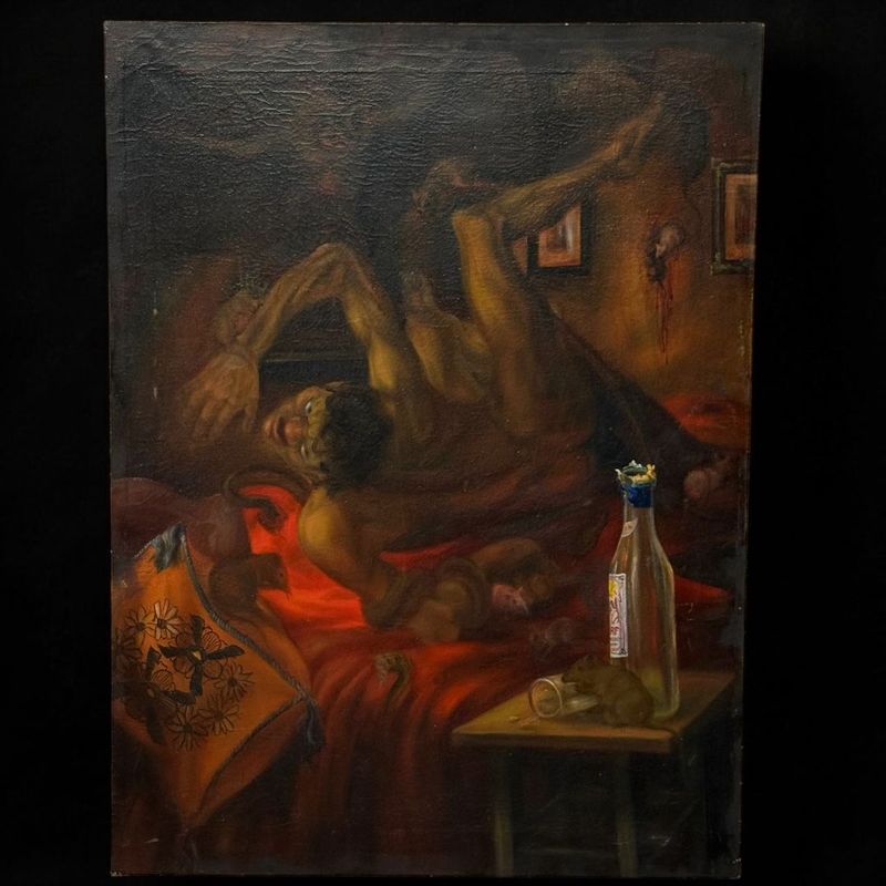 Olio su tela, visione demoniaca con figure animali, Germania 1928