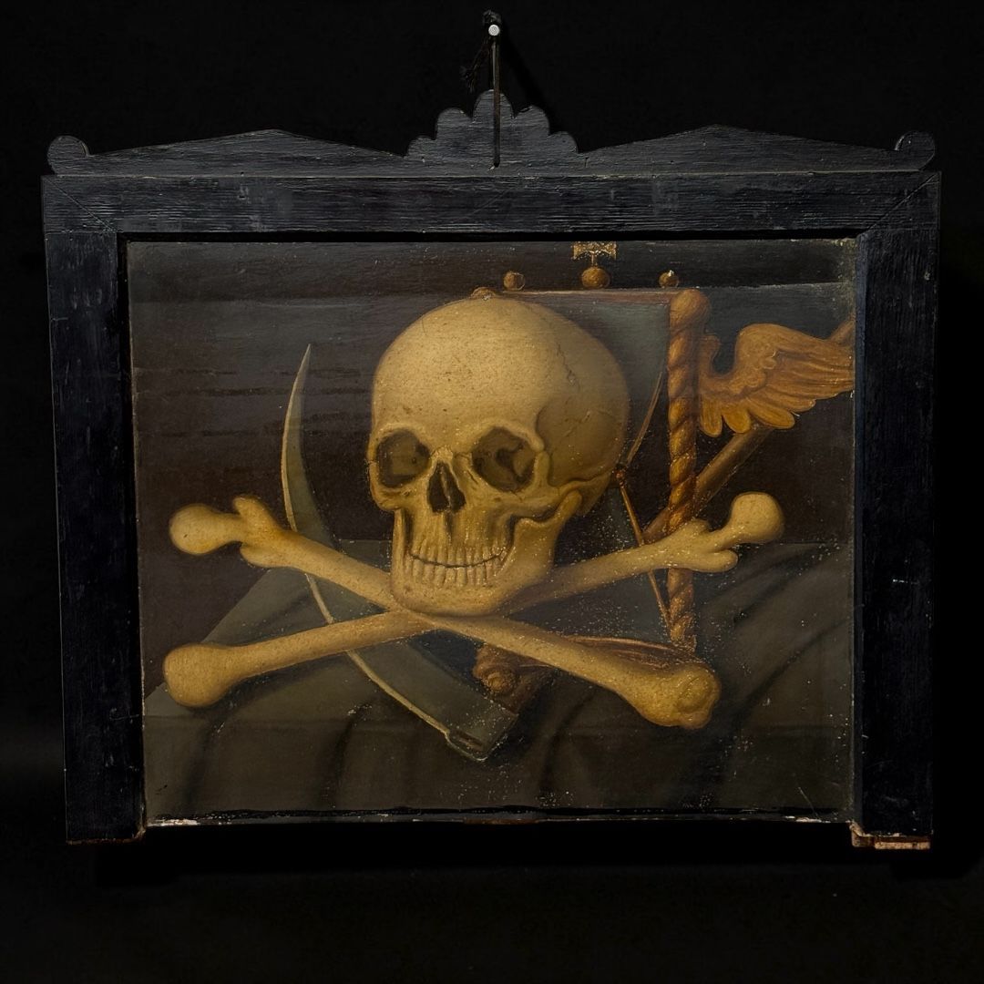 Importante memento mori funerario su tavola, area tedesca, XVIII secolo.