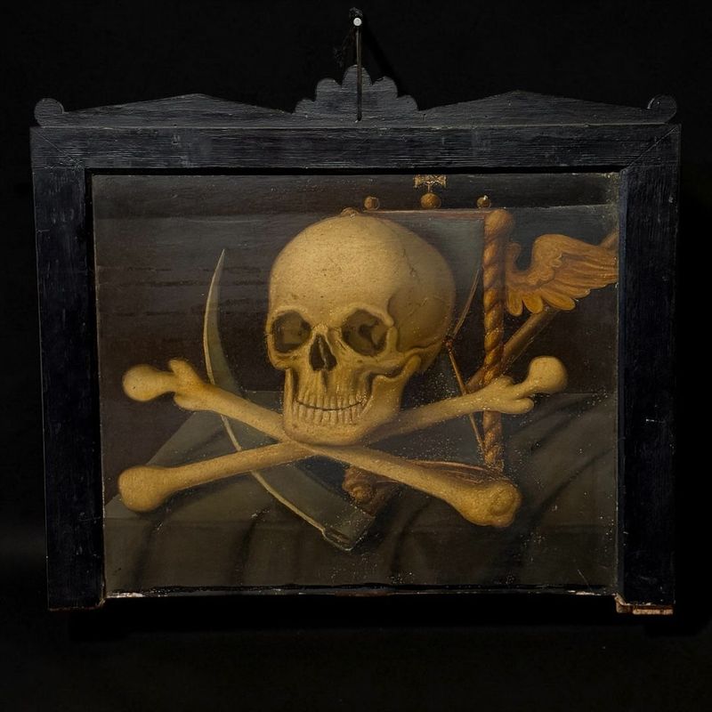Importante memento mori funerario su tavola, area tedesca, XVIII secolo. Importante memento mori funerario su tavola, area tedesca, XVIII secolo.
