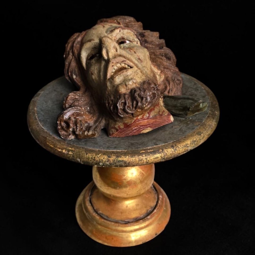 Polychrome Stucco Head of the Beheaded Saint John the Baptist – 18th Century