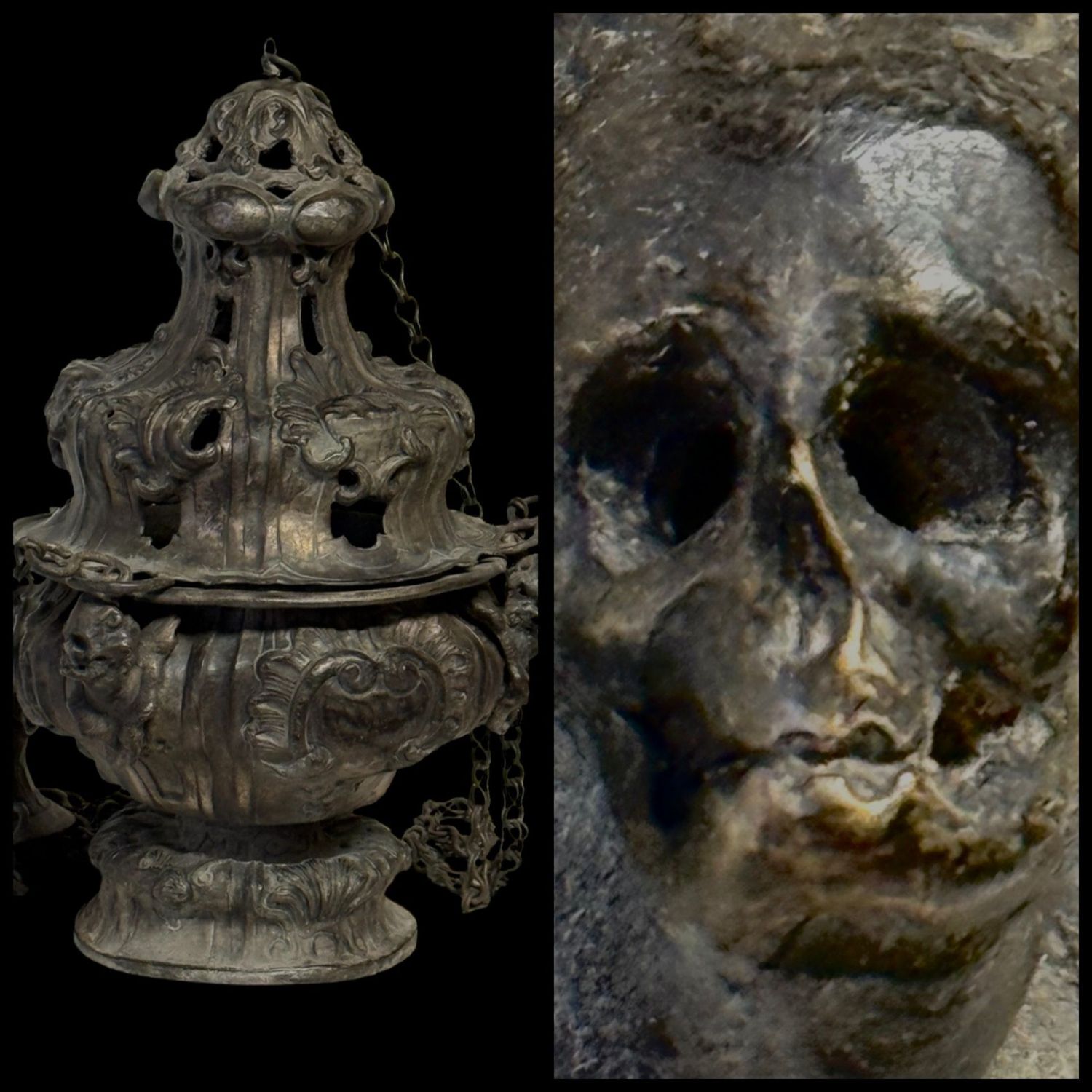 Antico turibolo barocco in rame argentato – XVIII secolo – decorazioni con teste angeliche dal carattere memento mori Antico turibolo barocco in rame argentato – XVIII secolo – decorazioni con teste angeliche dal carattere memento mori