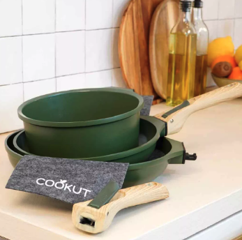 Trio poêles et casserole Cookut avec poignées détachables - Fougère (vert)