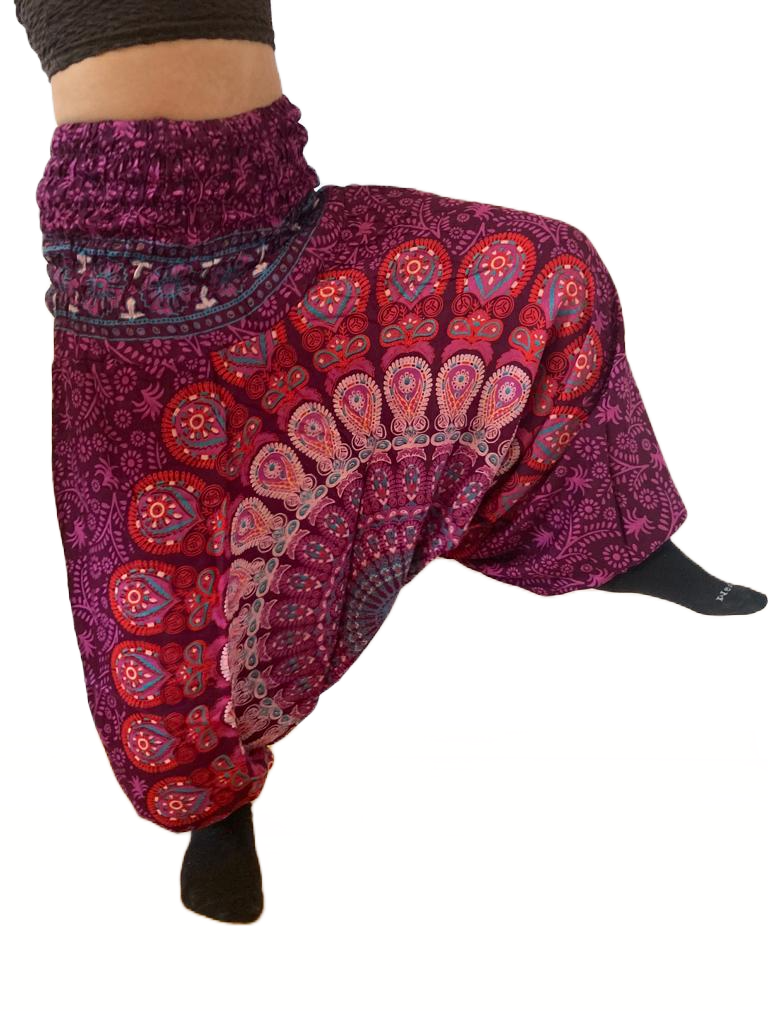 GOA-Hose/Harems-Hose: Böhmisches Muster, tief geschnitten, LILA-PINK