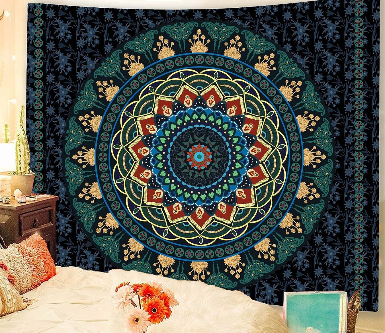 Mandala Wandtuch/Wandteppich: Türkise Schmetterlinge Mandala