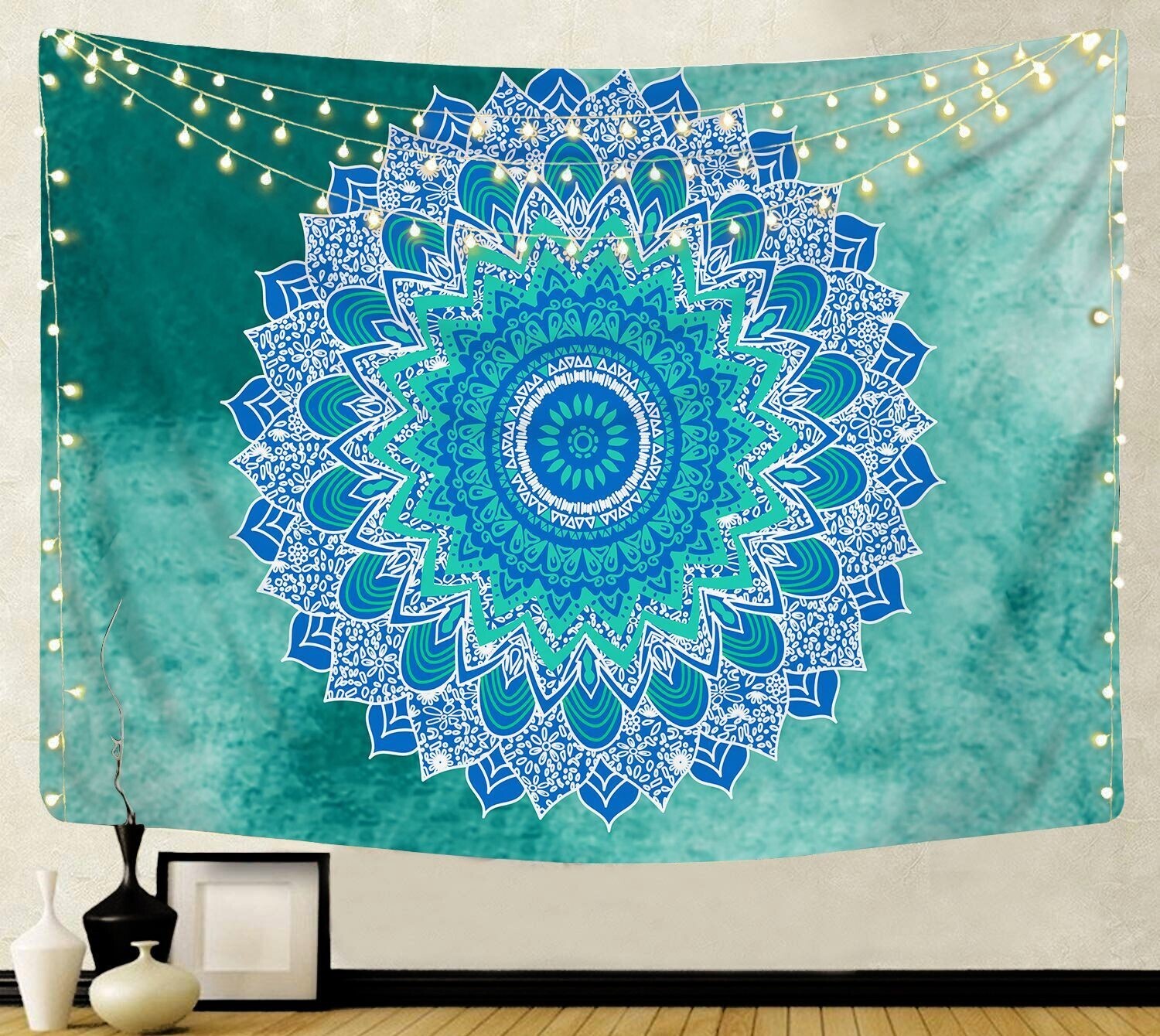 Mandala Wandtuch/Wandteppich: Türkise Blume Mandala