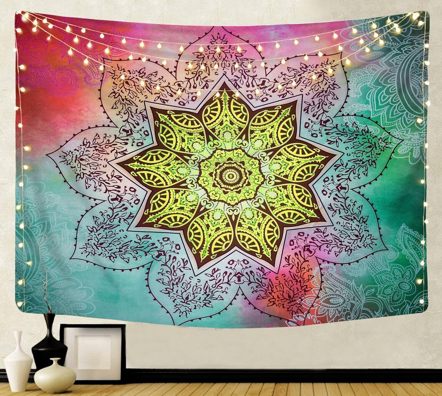 Mandala Wandtuch/Wandteppich: Gelbe Sternenblüte Mandala