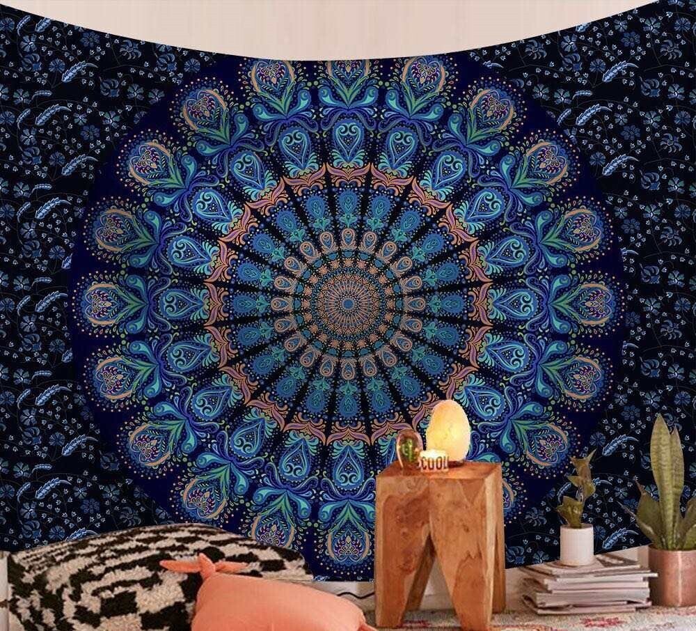 Mandala Wandtuch/Wandteppich: Blaue Eulen Mandala