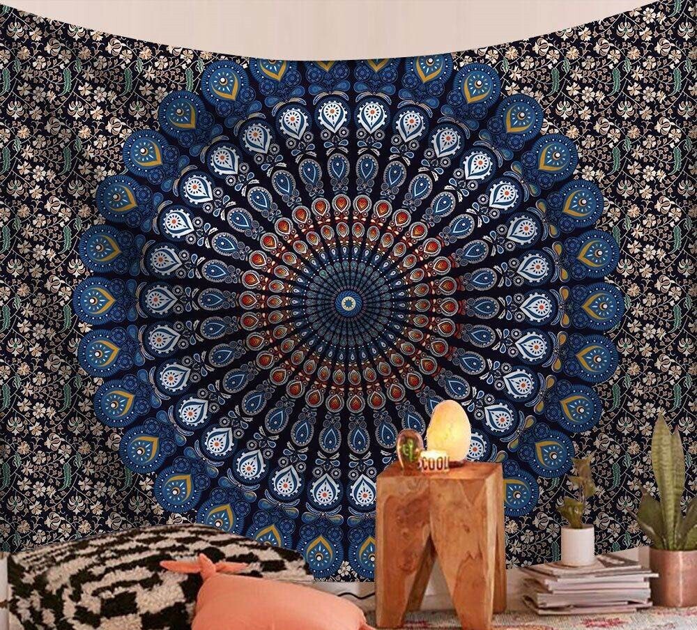 Mandala Wandtuch/Wandteppich: Blaue Blume Mandala