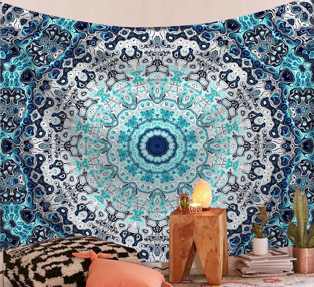 Mandala Wandtuch/Wandteppich: Blaues Feuer Mandala