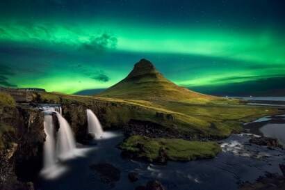 Landschafts Wandtuch/Wandteppich: Aurora über Island