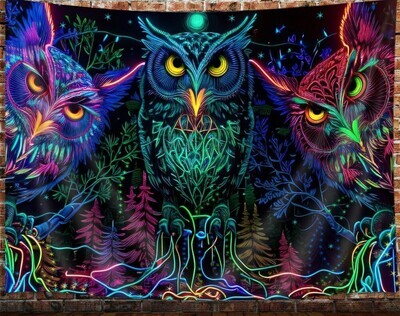 UV-Licht aktives Wandtuch/Wandteppich: Leuchtende Eulen (Schwarzlicht aktiv)