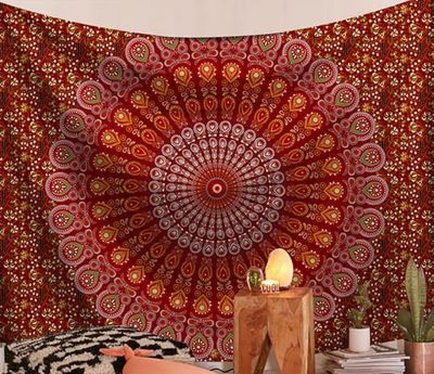 Mandala Wandtuch/Wandteppich: Rotes Boho Mandala
