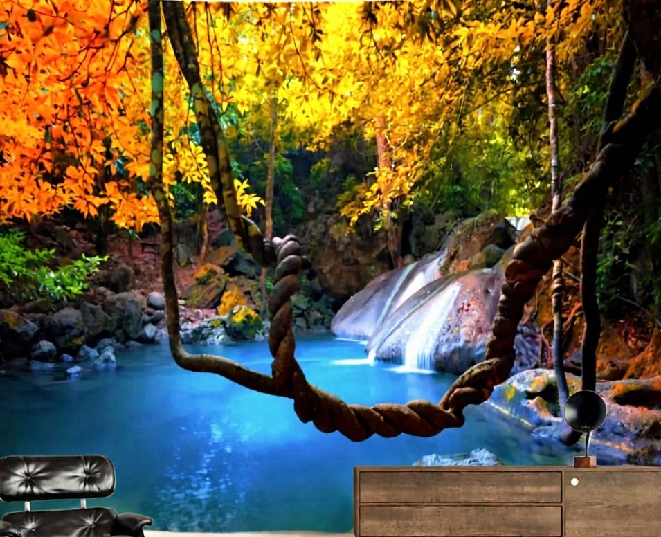 Waterfall Nature Tapestry: Yellow Leafes