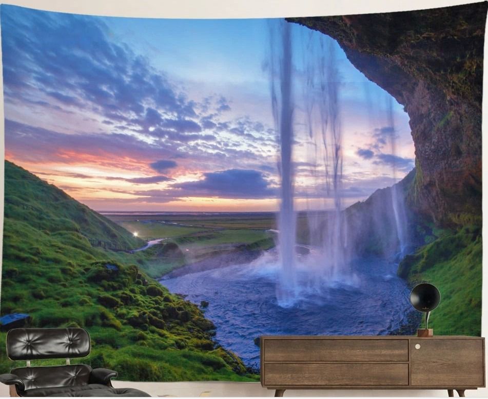 Waterfall Nature Tapestry: Iceland Sunset