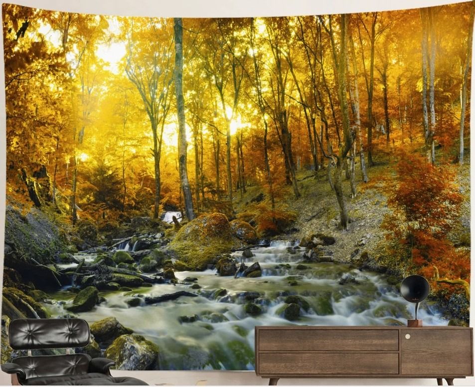 Waterfall Nature Tapestry: Golden Woods